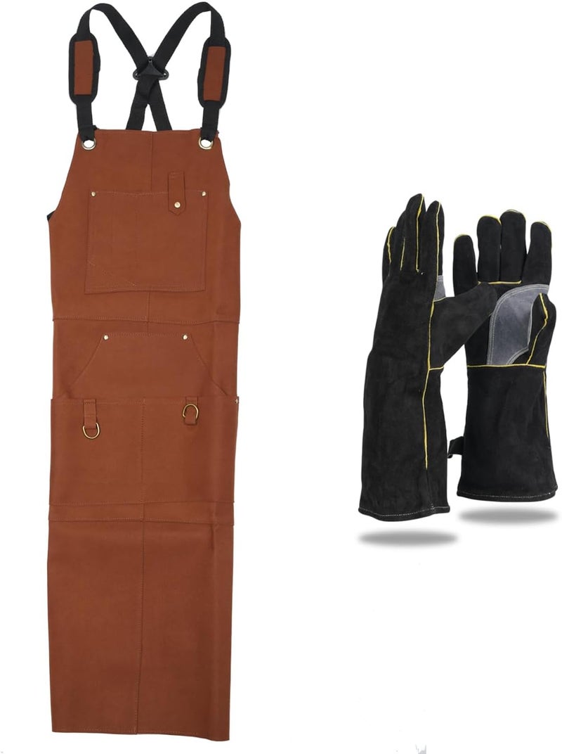 migbloom Store Leather Welding Apron with 10 Tool Pockets, Heat and Flame Resistant Aprons with Welding Gloves, Heavy Duty Durable Working Shop Apron, Waterproof, Adjustable M to XXXL - Image 2
